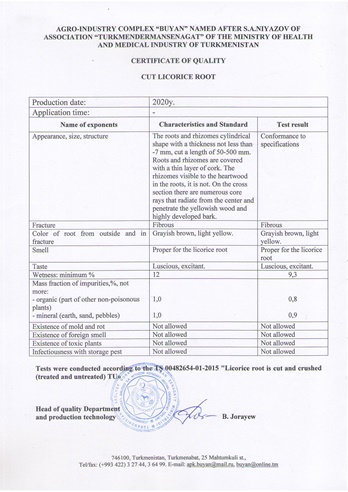 Certificate of Quality - Cut Licorice Root