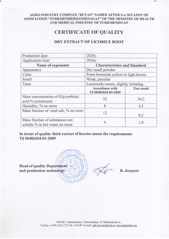 Certificate of Quality - Dry Extract of Licorice Root